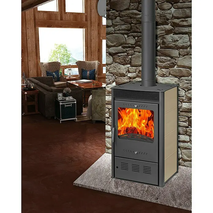 Estufa de leña Dalia Iron ventilada - 7,8 kW, Volumen de calefacción: 140 m³, Negro/Arena - Foto ambiente