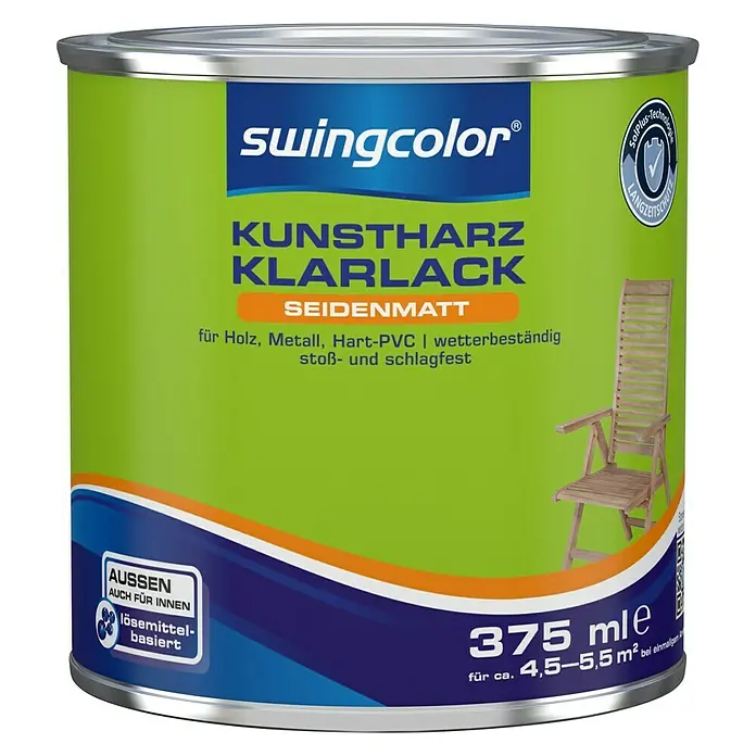 swingcolor Klarlack Kunstharz für Außen - Farblos, 375 ml, Seidenmatt, Lösemittelbasiert - Vorderansicht