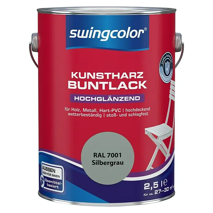 swingcolor Buntlack Kunstharz für Außen - Silbergrau, 2,5 l, Hochglänzend, Lösemittelbasiert - Vorderansicht