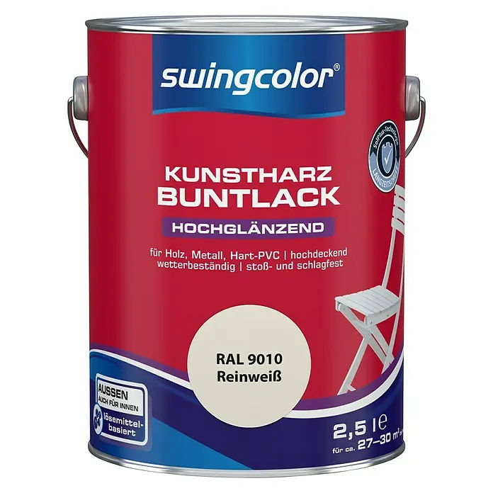 swingcolor Buntlack Kunstharz für Außen - Reinweiß, 2,5 l, Hochglänzend, Lösemittelbasiert - Vorderansicht
