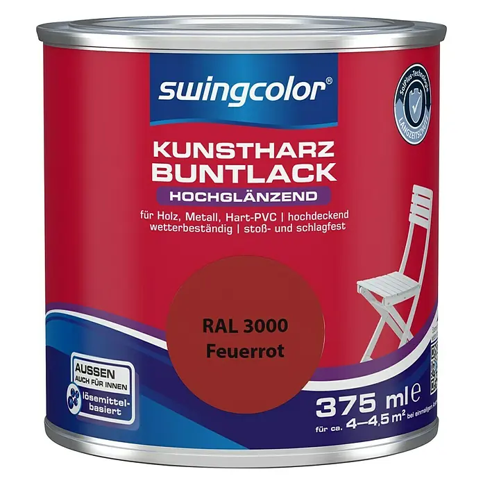 swingcolor Buntlack Kunstharz für Außen - Feuerrot, 375 ml, Hochglänzend, Lösemittelbasiert - Vorderansicht