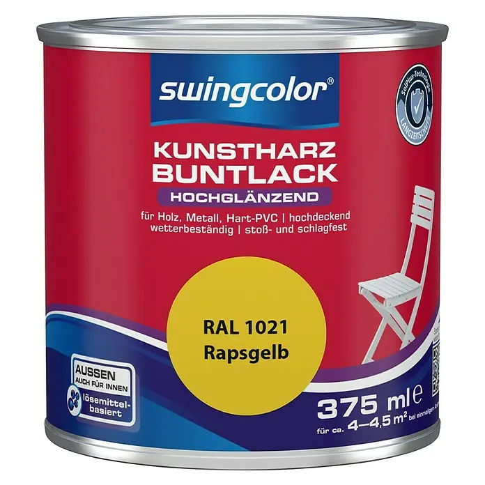 swingcolor Buntlack Kunstharz für Außen - Rapsgelb, 375 ml, Hochglänzend, Lösemittelbasiert - Vorderansicht