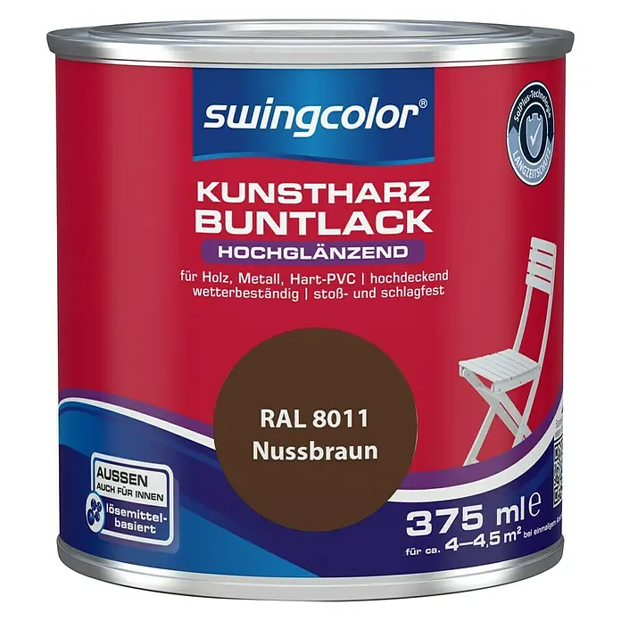 swingcolor Buntlack Kunstharz für Außen - Nussbraun, 375 ml, Hochglänzend, Lösemittelbasiert - Vorderansicht