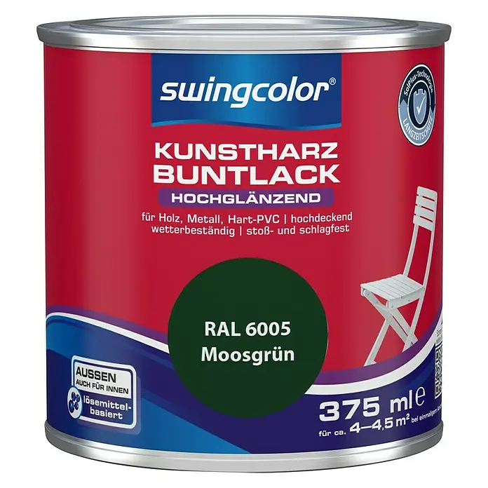 swingcolor Buntlack Kunstharz für Außen - Moosgrün, 375 ml, Hochglänzend, Lösemittelbasiert - Vorderansicht
