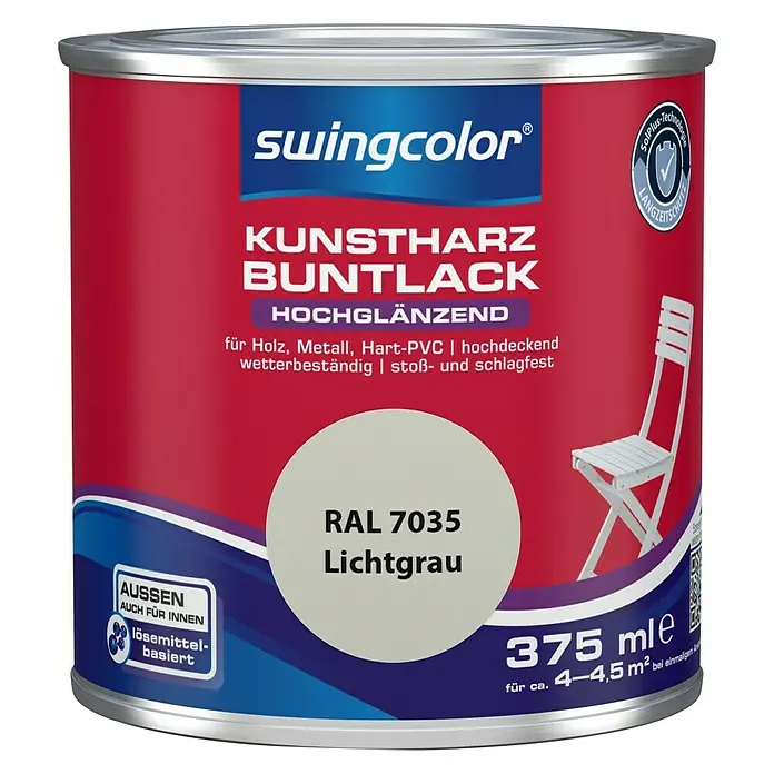 swingcolor Buntlack Kunstharz für Außen - Lichtgrau, 375 ml, Hochglänzend, Lösemittelbasiert - Vorderansicht