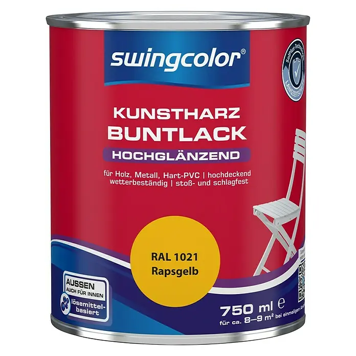 swingcolor Buntlack Kunstharz für Außen - Rapsgelb, 750 ml, Hochglänzend, Lösemittelbasiert - Vorderansicht