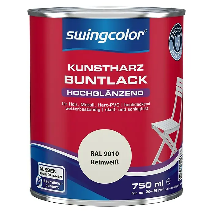 swingcolor Buntlack Kunstharz für Außen - Reinweiß, 750 ml, Hochglänzend, Lösemittelbasiert - Vorderansicht