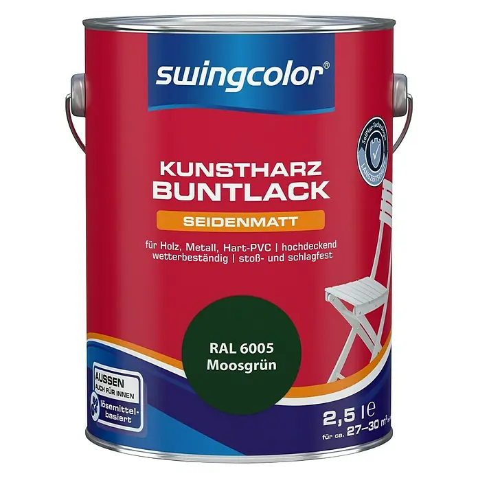 swingcolor Buntlack Kunstharz für Außen - Moosgrün, 2,5 l, Seidenmatt, Lösemittelbasiert - Vorderansicht