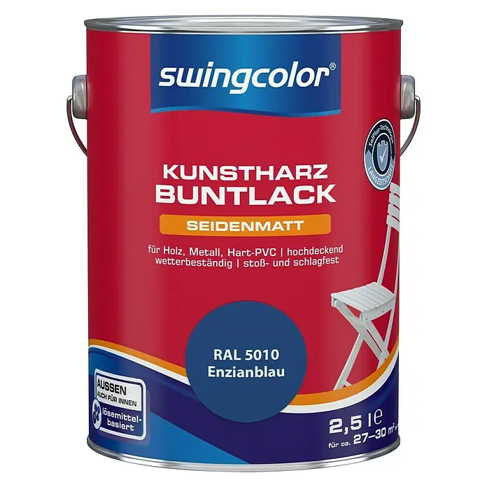 swingcolor Buntlack Kunstharz für Außen - Enzianblau, 2,5 l, Seidenmatt, Lösemittelbasiert - Vorderansicht