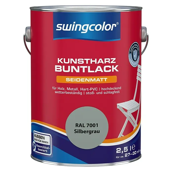 swingcolor Buntlack Kunstharz für Außen - Silbergrau, 2,5 l, Seidenmatt, Lösemittelbasiert - Vorderansicht