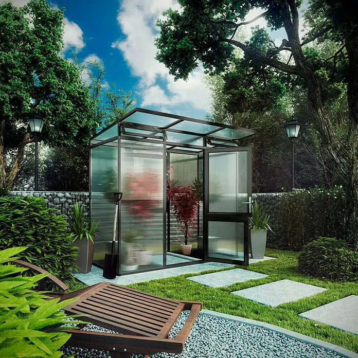 KGT Gewächshaus Linea I - Polycarbonat, Glasstärke: 10 mm, Anthrazitgrau - Stimmungsaufnahme