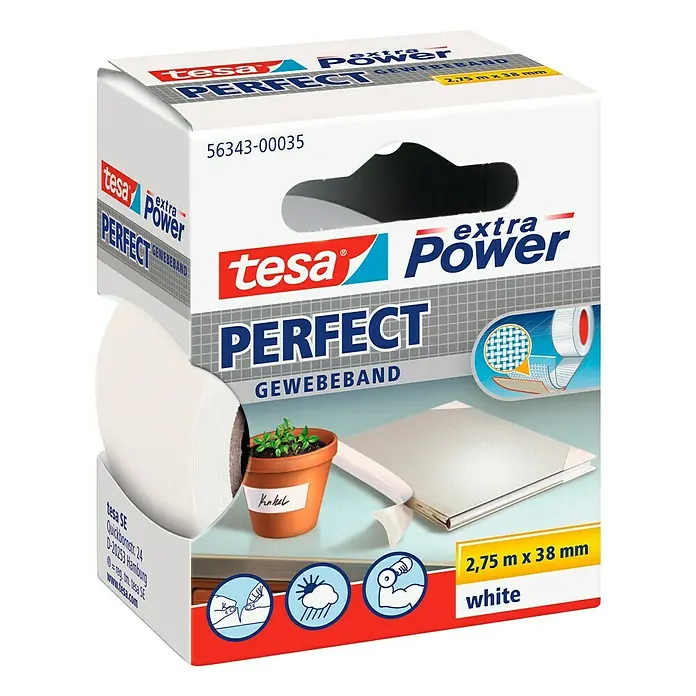 Tesa Extra Power Gewebeband PERFECT - Weiß, 2,75 m x 38 mm - Linke Seitenansicht