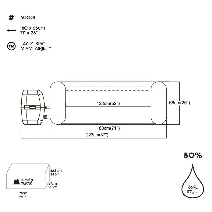 Bestway Lay-Z-Spa Außen-Whirlpool Miami - Ø x H: 180 cm x 66 mm, 669 l, Geeignet für: 2 - 4 Personen - Informationsansicht