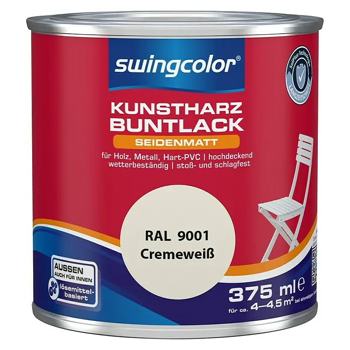 swingcolor Buntlack Kunstharz für Außen - Cremeweiß, 375 ml, Seidenmatt, Lösemittelbasiert - Vorderansicht