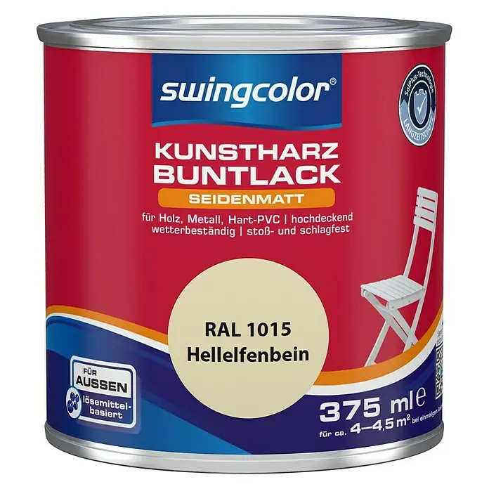 swingcolor Buntlack Kunstharz für Außen - Hellelfenbein, 375 ml, Seidenmatt, Lösemittelbasiert - Vorderansicht