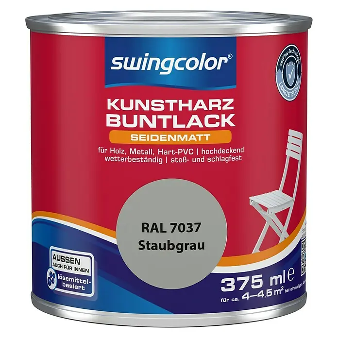 swingcolor Buntlack Kunstharz für Außen - Staubgrau, 375 ml, Seidenmatt, Lösemittelbasiert - Vorderansicht