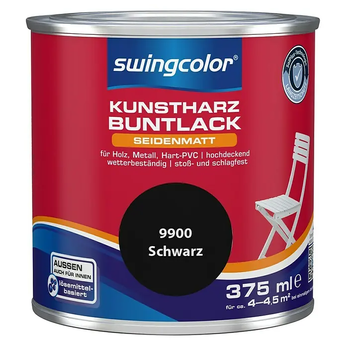 swingcolor Buntlack Kunstharz für Außen - Schwarz, 375 ml, Seidenmatt, Lösemittelbasiert - Vorderansicht