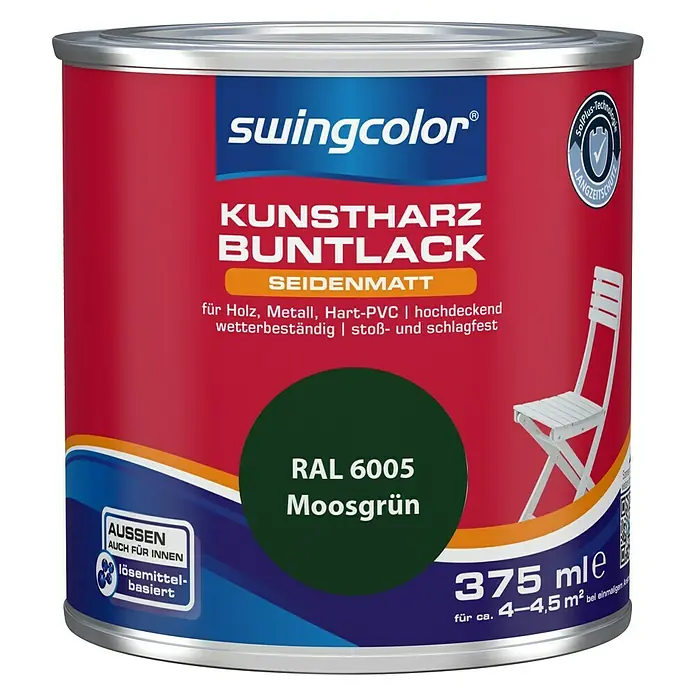 swingcolor Buntlack Kunstharz für Außen - Moosgrün, 375 ml, Seidenmatt, Lösemittelbasiert - Vorderansicht