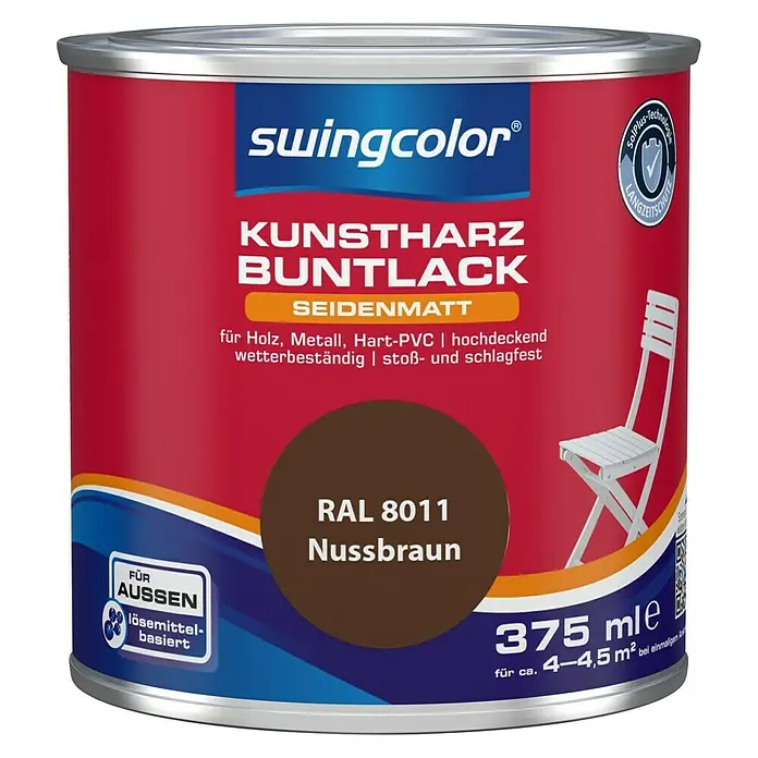swingcolor Buntlack Kunstharz für Außen - Nussbraun, 375 ml, Seidenmatt, Lösemittelbasiert - Vorderansicht