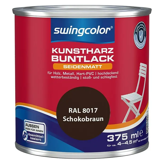 swingcolor Buntlack Kunstharz für Außen - Schokobraun, 375 ml, Seidenmatt, Lösemittelbasiert - Vorderansicht