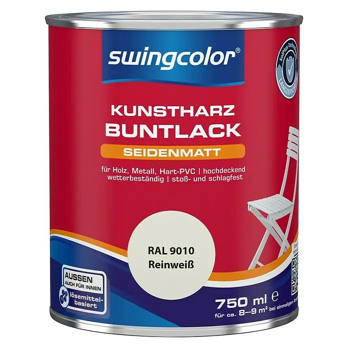 swingcolor Buntlack Kunstharz für Außen - Reinweiß, 750 ml, Seidenmatt, Lösemittelbasiert - Vorderansicht
