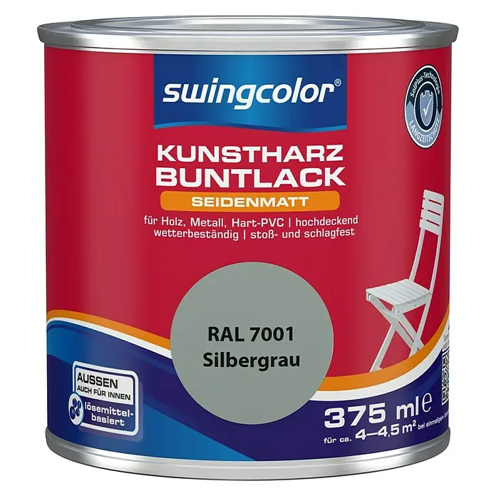 swingcolor Buntlack Kunstharz für Außen - Silbergrau, 375 ml, Seidenmatt, Lösemittelbasiert - Vorderansicht