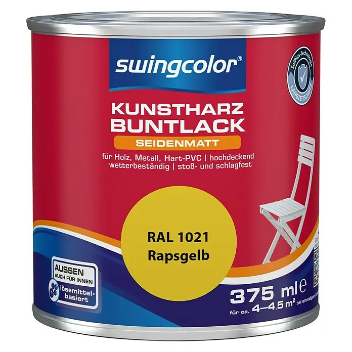 swingcolor Buntlack Kunstharz für Außen - Rapsgelb, 375 ml, Seidenmatt, Lösemittelbasiert - Vorderansicht