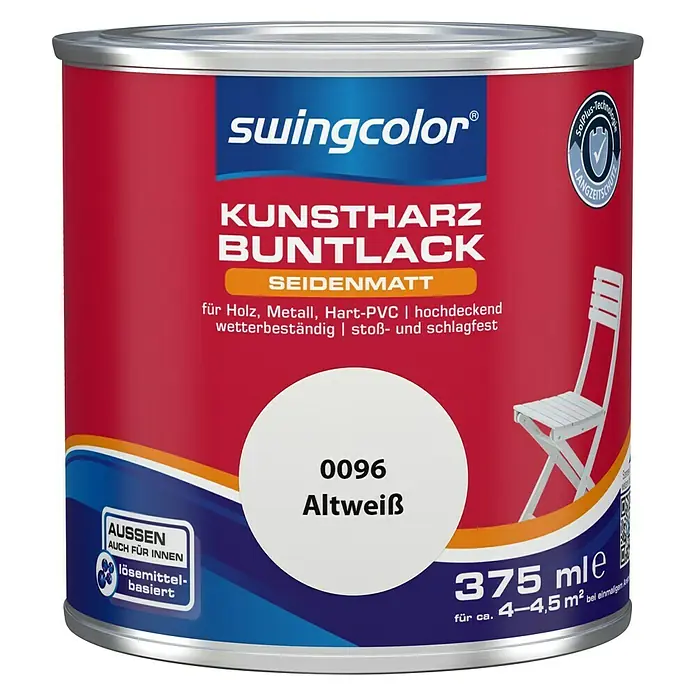 swingcolor Buntlack Kunstharz für Außen - Altweiß, 375 ml, Seidenmatt, Lösemittelbasiert - Vorderansicht