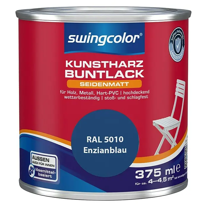 swingcolor Buntlack Kunstharz für Außen - Enzianblau, 375 ml, Seidenmatt, Lösemittelbasiert - Vorderansicht