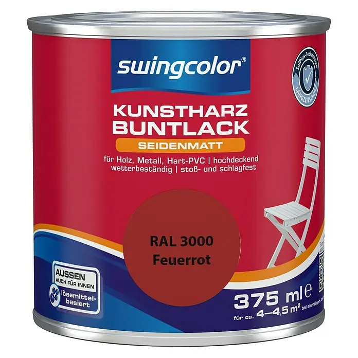 swingcolor Buntlack Kunstharz für Außen - Feuerrot, 375 ml, Seidenmatt, Lösemittelbasiert - Vorderansicht
