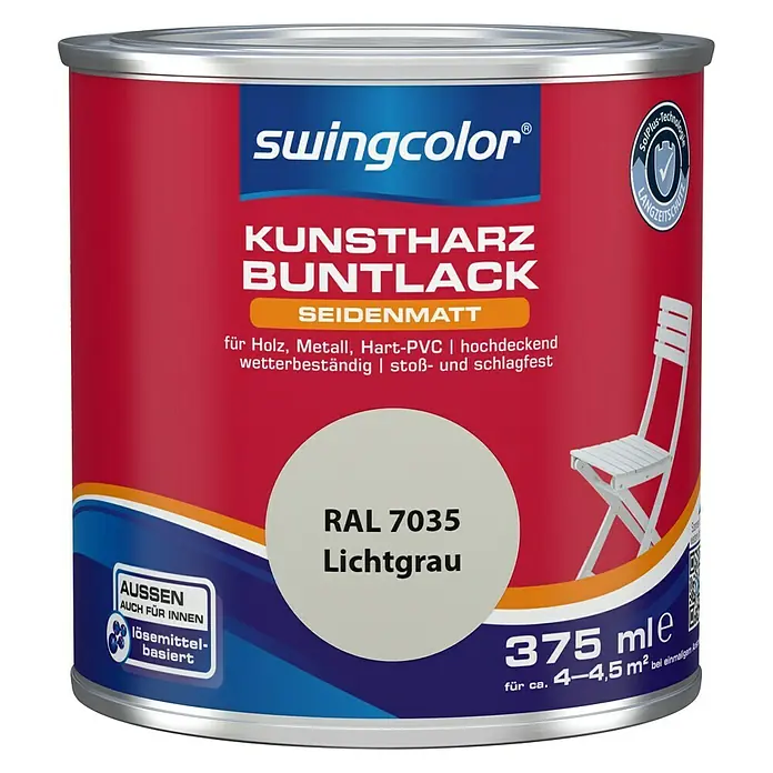 swingcolor Buntlack Kunstharz für Außen - Lichtgrau, 375 ml, Seidenmatt, Lösemittelbasiert - Vorderansicht