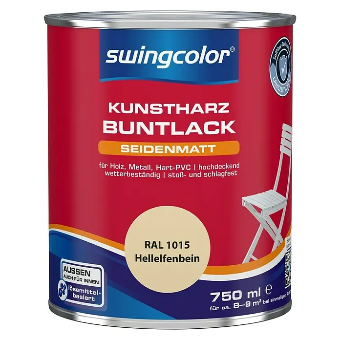 swingcolor Buntlack Kunstharz für Außen - Hellelfenbein, 750 ml, Seidenmatt, Lösemittelbasiert - Vorderansicht