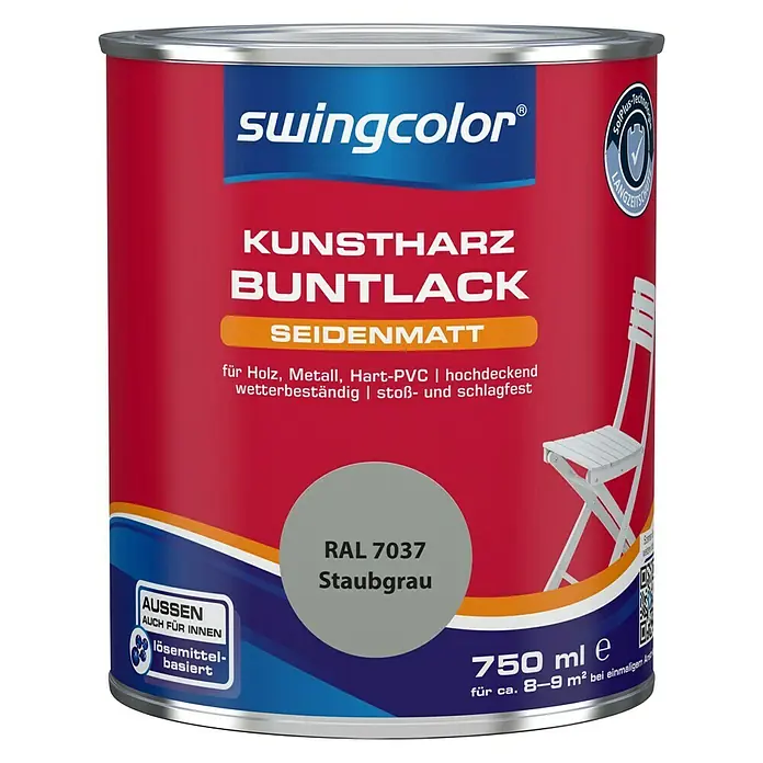 swingcolor Buntlack Kunstharz für Außen - Staubgrau, 750 ml, Seidenmatt, Lösemittelbasiert - Vorderansicht
