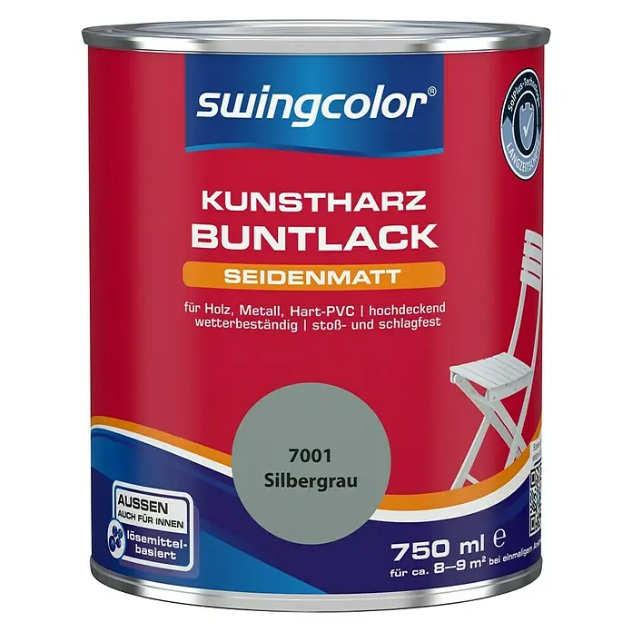 swingcolor Buntlack Kunstharz für Außen - Silbergrau, 750 ml, Seidenmatt, Lösemittelbasiert - Vorderansicht