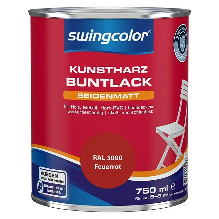 swingcolor Buntlack Kunstharz für Außen - Feuerrot, 750 ml, Seidenmatt, Lösemittelbasiert - Vorderansicht