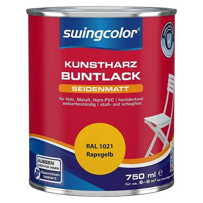 swingcolor Buntlack Kunstharz für Außen - Rapsgelb, 750 ml, Seidenmatt, Lösemittelbasiert - Vorderansicht