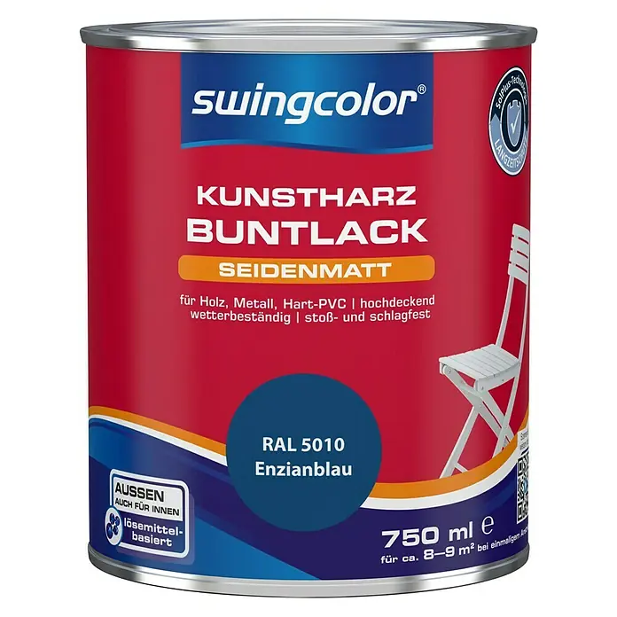 swingcolor Buntlack Kunstharz für Außen - Enzianblau, 750 ml, Seidenmatt, Lösemittelbasiert - Vorderansicht
