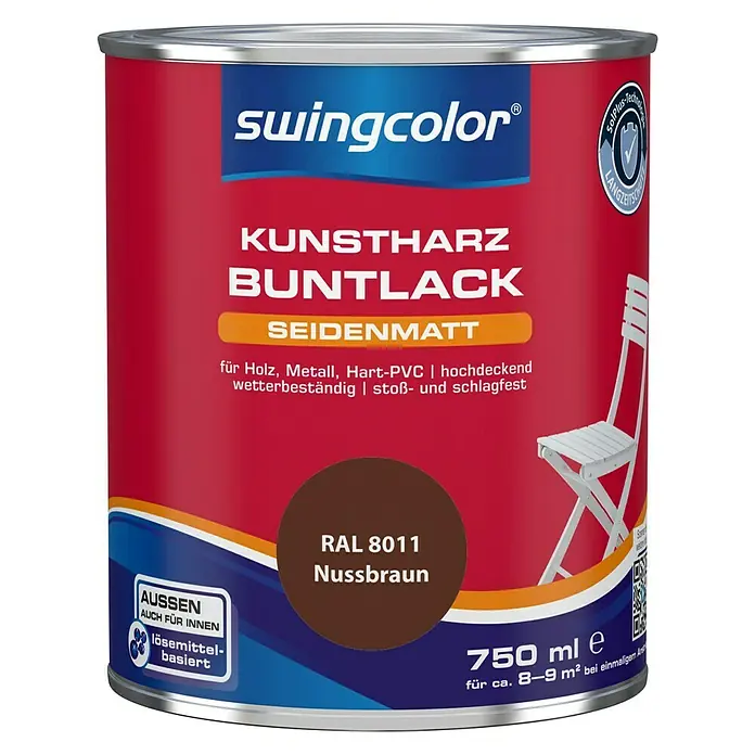 swingcolor Buntlack Kunstharz für Außen - Nussbraun, 750 ml, Seidenmatt, Lösemittelbasiert - Vorderansicht