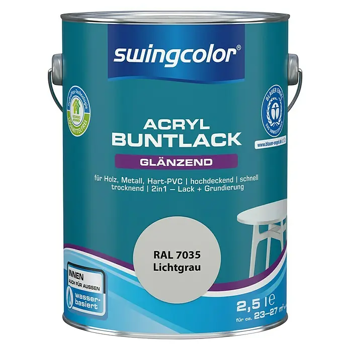 swingcolor Buntlack Acryl - Lichtgrau, 2,5 l, Glänzend, Wasserbasiert - Vorderansicht