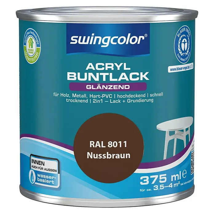 swingcolor Buntlack Acryl - Nussbraun, 375 ml, Glänzend, Wasserbasiert - Vorderansicht