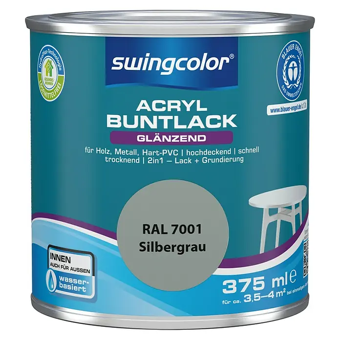 swingcolor Buntlack Acryl - Silbergrau, 375 ml, Glänzend, Wasserbasiert - Vorderansicht