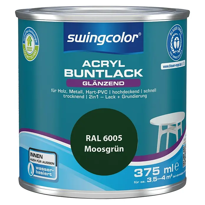 swingcolor Buntlack Acryl - Moosgrün, 375 ml, Glänzend, Wasserbasiert - Vorderansicht