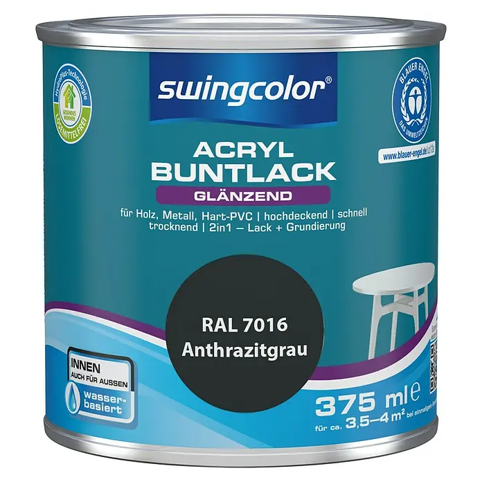 swingcolor Buntlack Acryl - Anthrazitgrau, 375 ml, Glänzend, Wasserbasiert - Vorderansicht