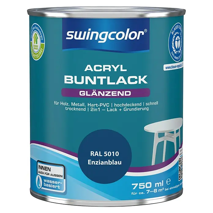 swingcolor Buntlack Acryl - Enzianblau, 750 ml, Glänzend, Wasserbasiert - Vorderansicht