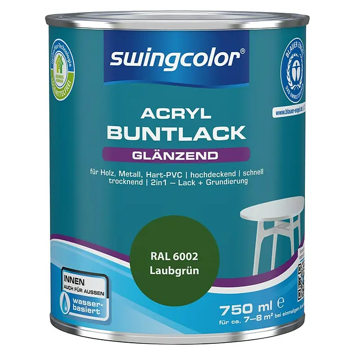 swingcolor Buntlack Acryl - Laubgrün, 750 ml, Glänzend, Wasserbasiert - Vorderansicht