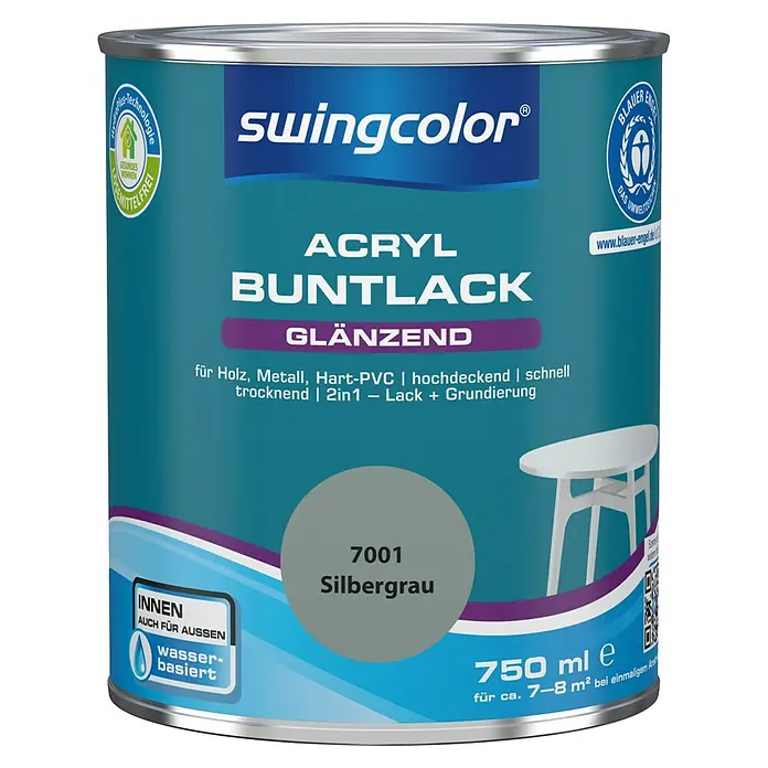 swingcolor Buntlack Acryl - Silbergrau, 750 ml, Glänzend, Wasserbasiert - Vorderansicht