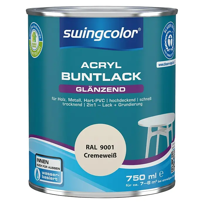 swingcolor Buntlack Acryl - Cremeweiß, 750 ml, Glänzend, Wasserbasiert - Vorderansicht