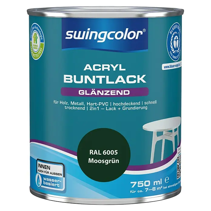 swingcolor Buntlack Acryl - Moosgrün, 750 ml, Glänzend, Wasserbasiert - Vorderansicht