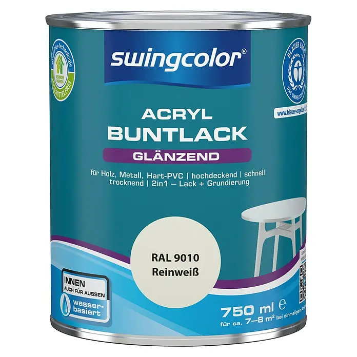 swingcolor Buntlack Acryl - Reinweiß, 750 ml, Glänzend, Wasserbasiert - Vorderansicht