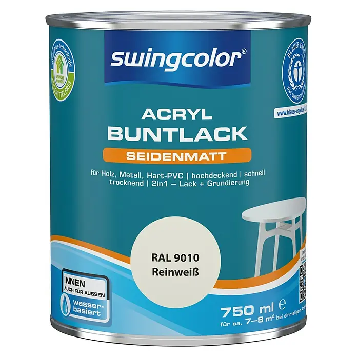 swingcolor Buntlack Acryl - Reinweiß, 750 ml, Seidenmatt - Vorderansicht